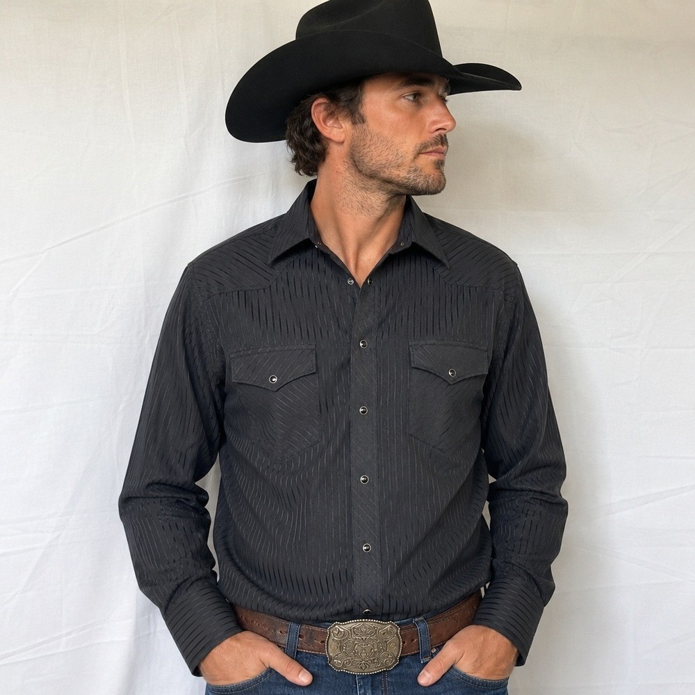 Wrangler Mens Black Shiny Striped Western Pearl Snap Long Sleeve Shirt Cowboy XL